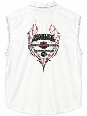 Harley-Davidson White Sleeveless Button-Up with Black and Red Back Graphic